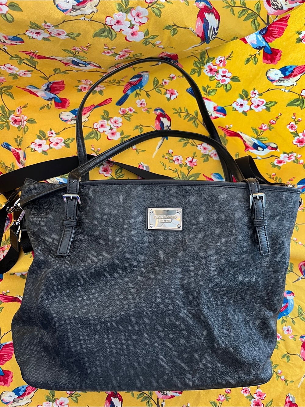 Michael Kors Black Logo Tote with Silver Plaque